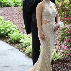Nude pearl beaded prom dress